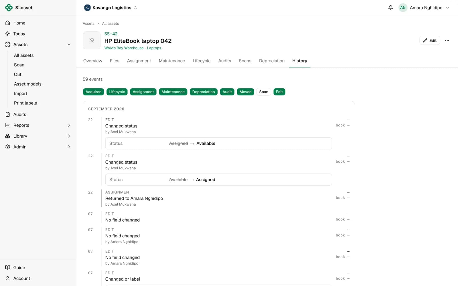 An asset's history: every status change, assignment and edit, with who made it and when