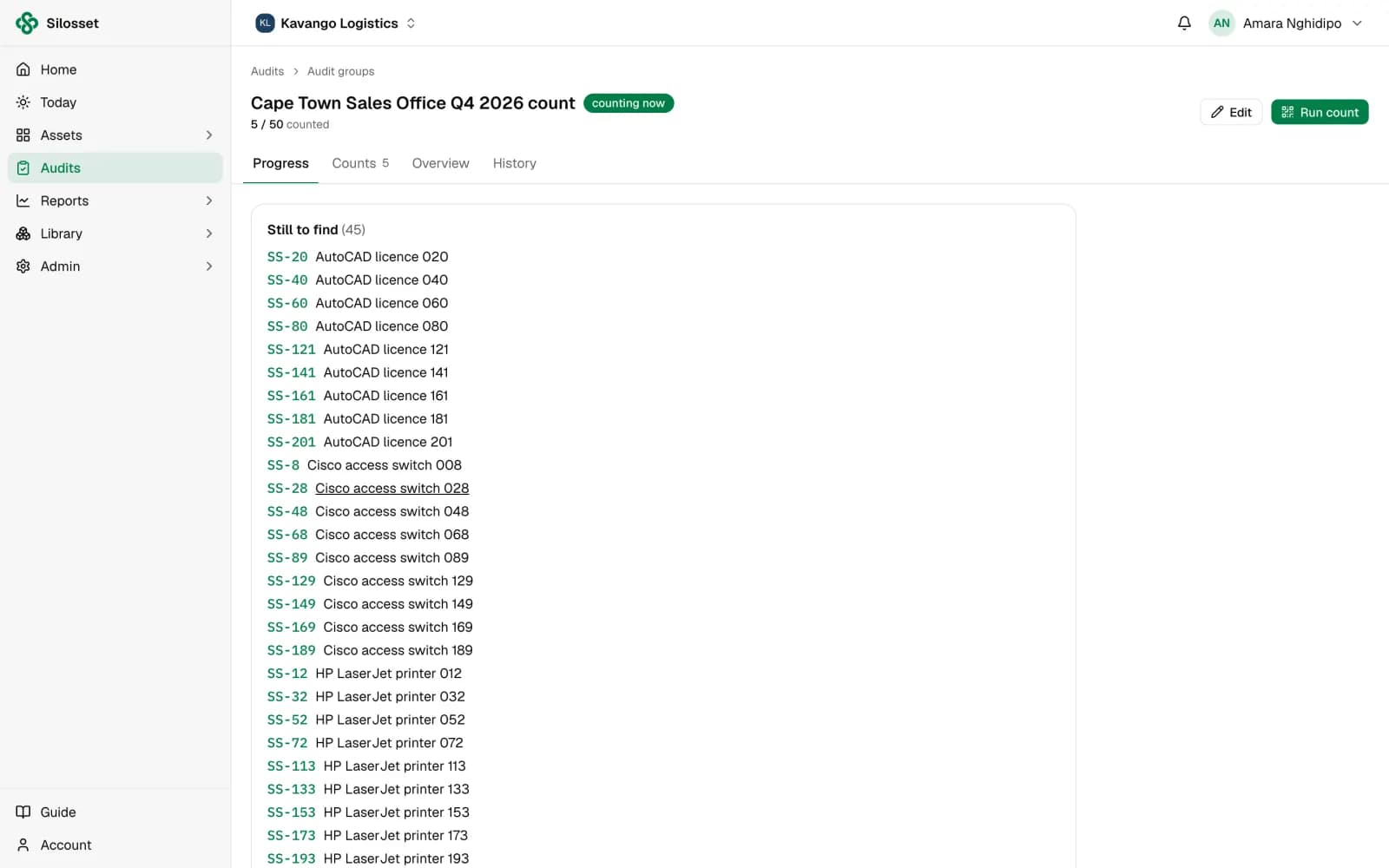 A running stock count, listing the assets still to find at the location