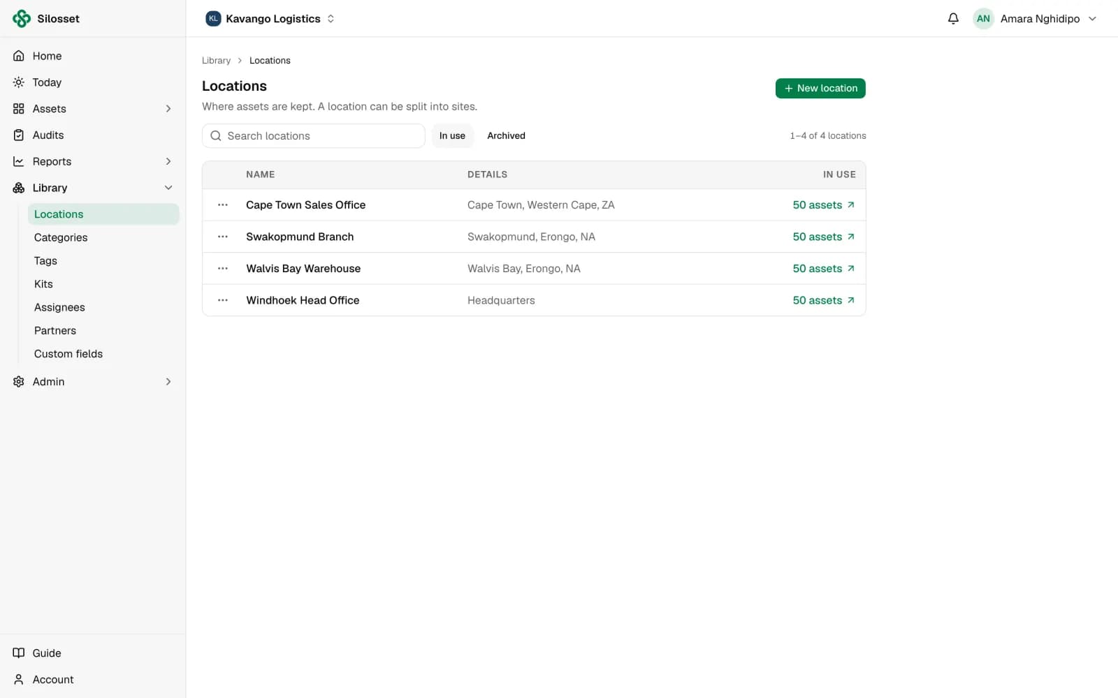 The library of locations, categories, tags, kits, assignees, partners and custom fields