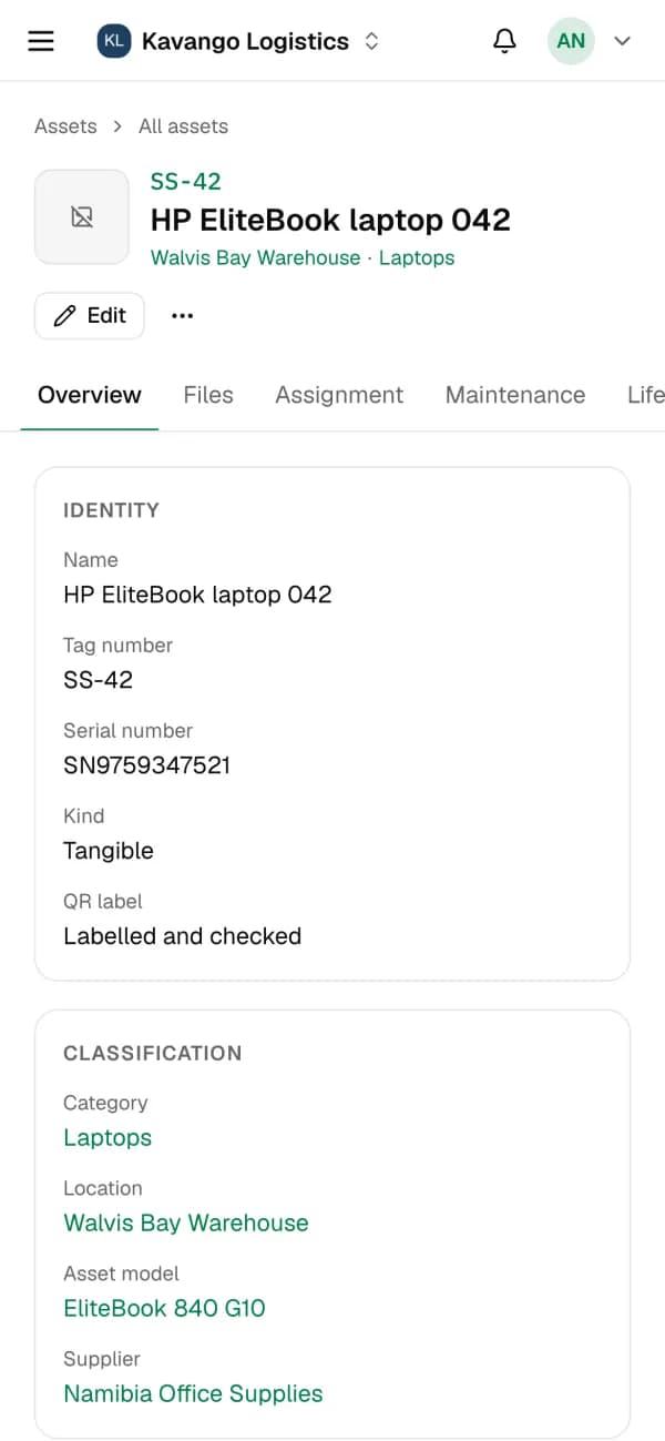 An asset record in Silosset on a phone